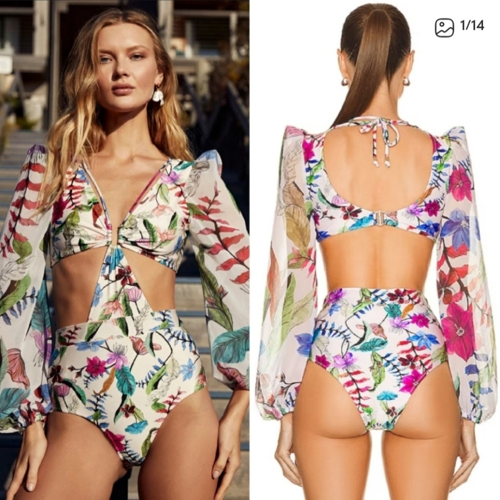 NEW PatBO Zamia Cutout Bodysuit Long Sheer Sleeves Small